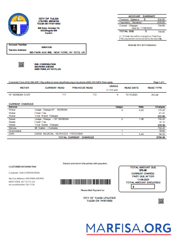 Realistic City of Tulsa utility business bill, SCR template